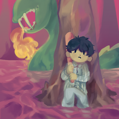 Earthbound Magicant Fanart with Ness and a Kraken